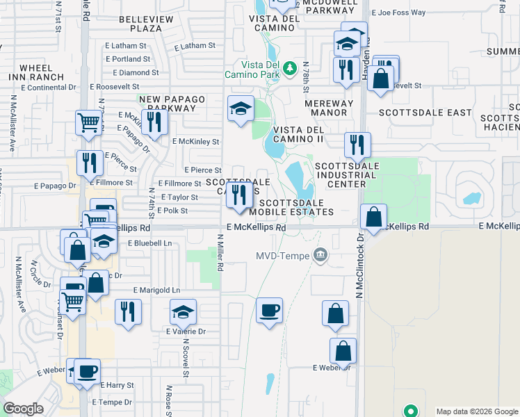 map of restaurants, bars, coffee shops, grocery stores, and more near 7660 East McKellips Road in Scottsdale