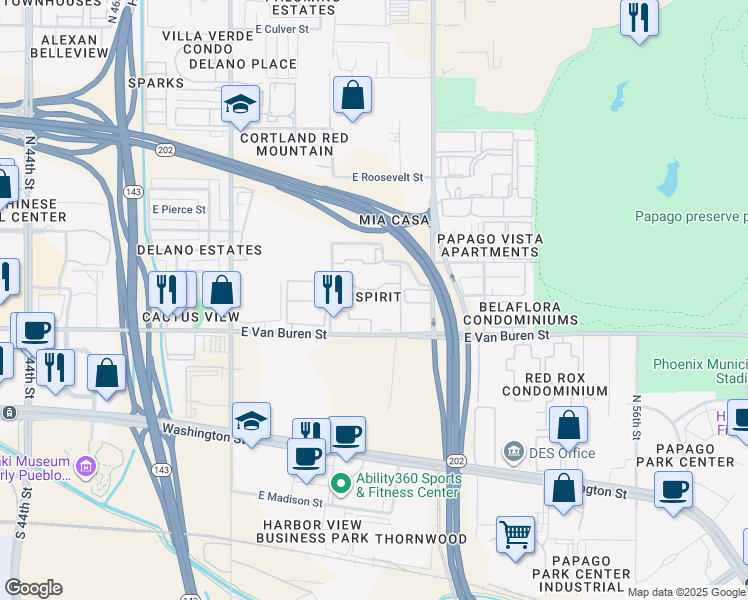 map of restaurants, bars, coffee shops, grocery stores, and more near 5104 East Van Buren Street in Phoenix