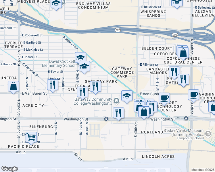 map of restaurants, bars, coffee shops, grocery stores, and more near 3803 East Polk Street in Phoenix