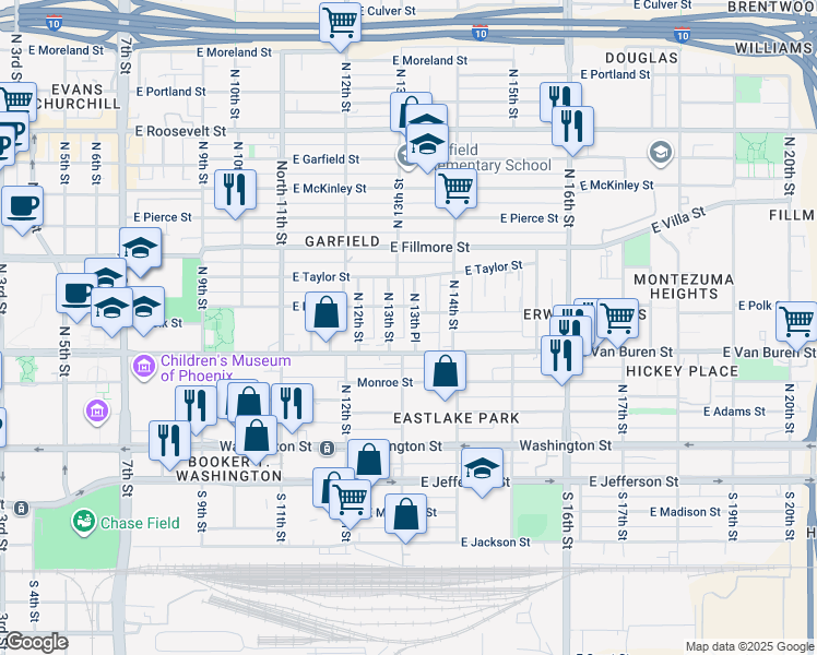 map of restaurants, bars, coffee shops, grocery stores, and more near 1306 East Van Buren Street in Phoenix