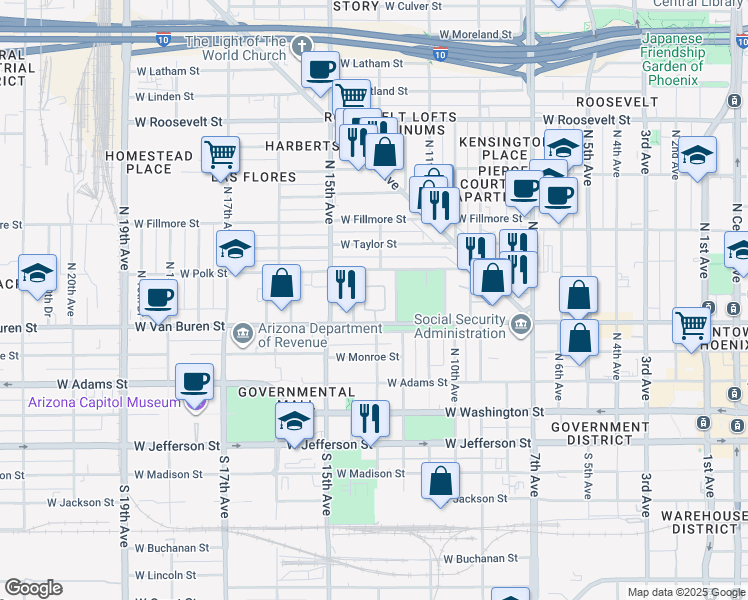 map of restaurants, bars, coffee shops, grocery stores, and more near in Phoenix