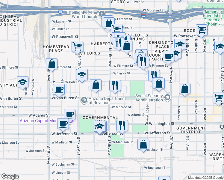 map of restaurants, bars, coffee shops, grocery stores, and more near 1402 West Van Buren Street in Phoenix