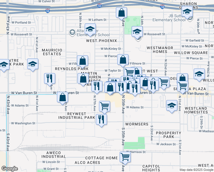 map of restaurants, bars, coffee shops, grocery stores, and more near 3608 West Van Buren Street in Phoenix
