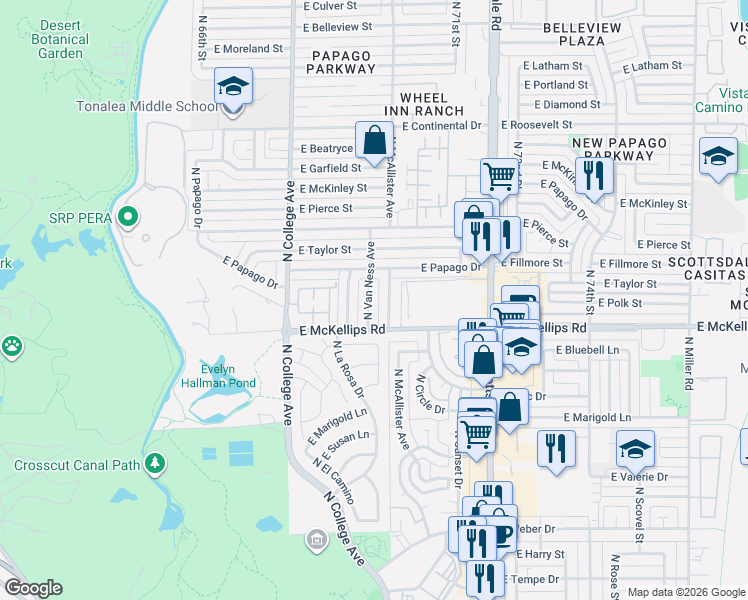 map of restaurants, bars, coffee shops, grocery stores, and more near 2007 North Van Ness Avenue in Tempe