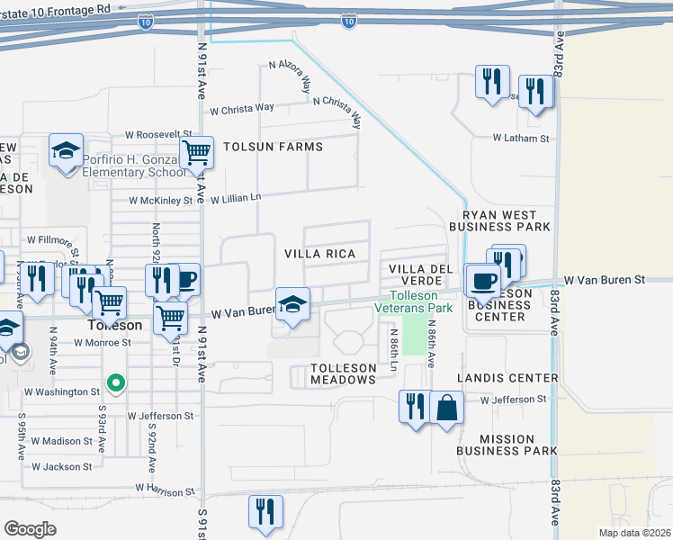 map of restaurants, bars, coffee shops, grocery stores, and more near 8717 West Stanley A Goff Drive in Tolleson