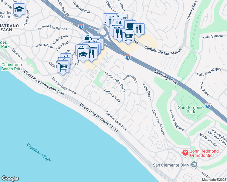 map of restaurants, bars, coffee shops, grocery stores, and more near 3357 Calle La Veta in San Clemente
