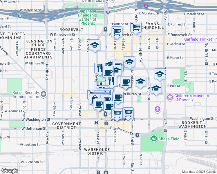 map of restaurants, bars, coffee shops, grocery stores, and more near 355 North Central Avenue in Phoenix