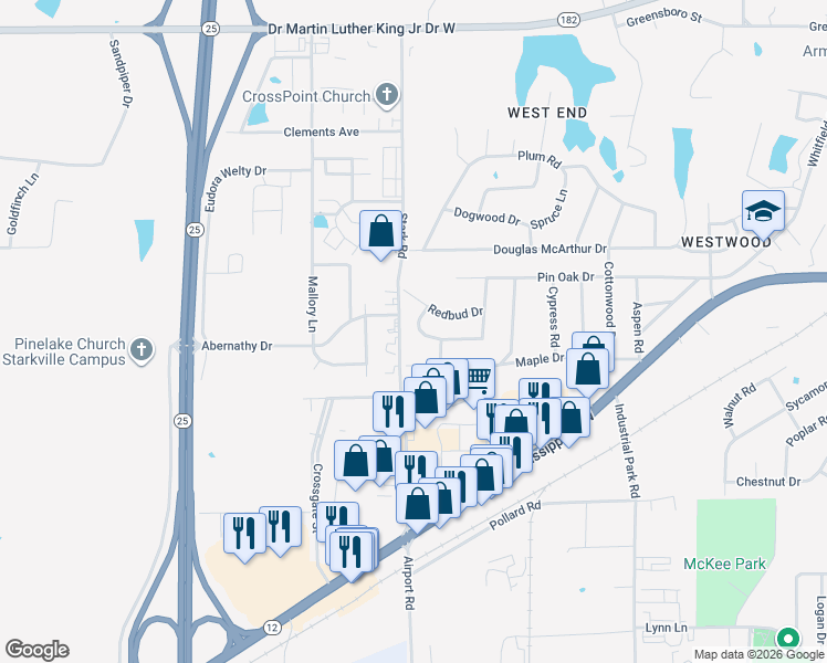 map of restaurants, bars, coffee shops, grocery stores, and more near 2704 Maple Drive in Starkville
