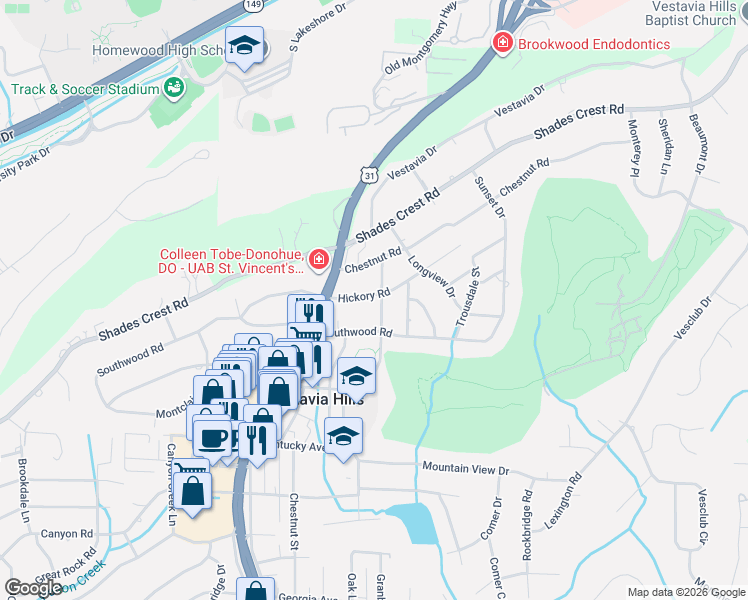 map of restaurants, bars, coffee shops, grocery stores, and more near 2016 Southwood Road in Vestavia Hills