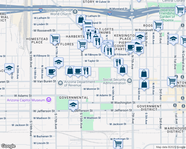 map of restaurants, bars, coffee shops, grocery stores, and more near 1211 West Polk Street in Phoenix