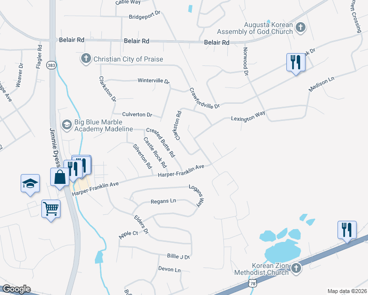 map of restaurants, bars, coffee shops, grocery stores, and more near 2960 Clarkston Road in Augusta