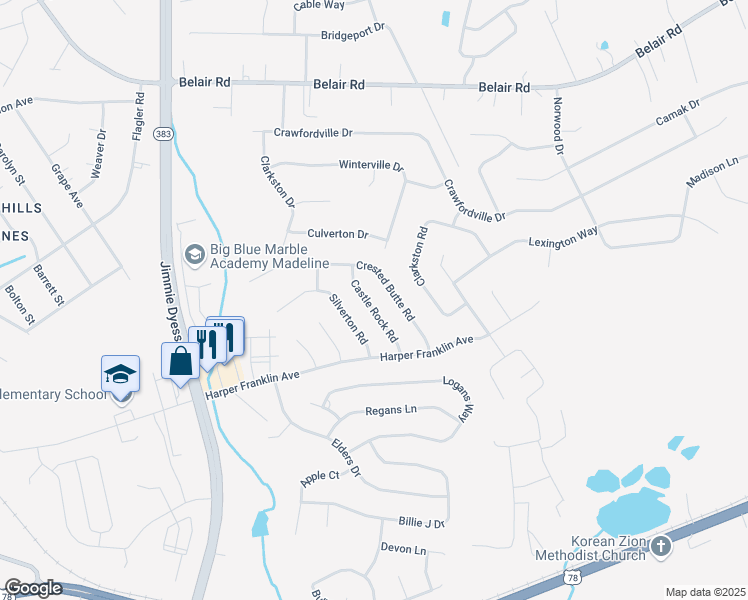 map of restaurants, bars, coffee shops, grocery stores, and more near 4522 Castle Rock Road in Augusta
