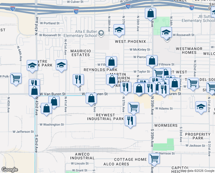 map of restaurants, bars, coffee shops, grocery stores, and more near 343 North 38th Avenue in Phoenix