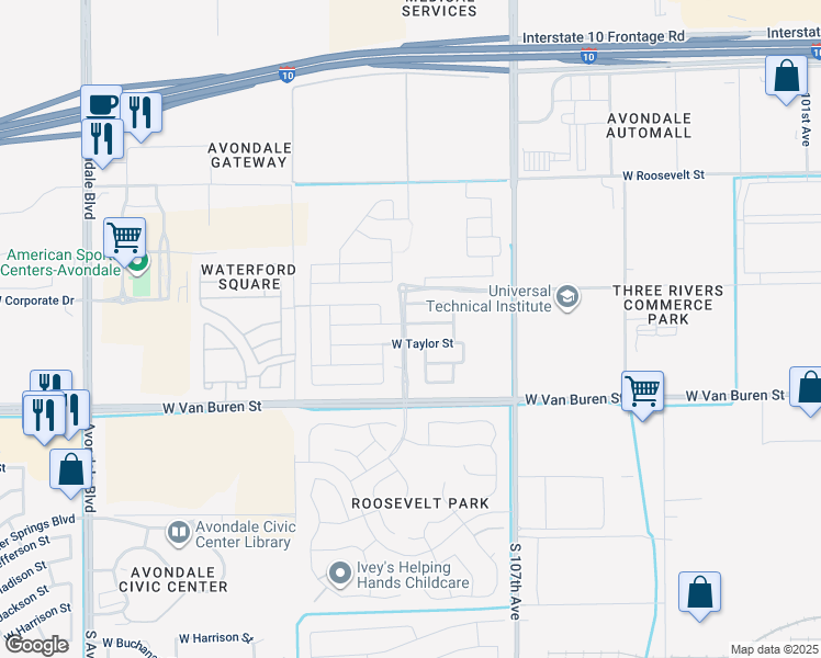 map of restaurants, bars, coffee shops, grocery stores, and more near 615 North Roosevelt Parkway in Avondale