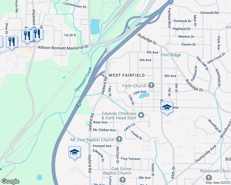 map of restaurants, bars, coffee shops, grocery stores, and more near 913 13th Street in Birmingham