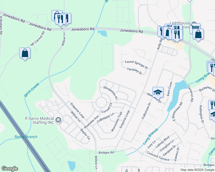 map of restaurants, bars, coffee shops, grocery stores, and more near 205 Emporia Loop in McDonough