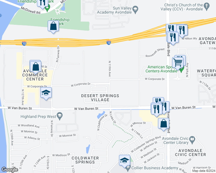 map of restaurants, bars, coffee shops, grocery stores, and more near 617 North 119th Drive in Avondale