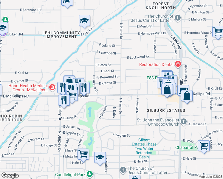 map of restaurants, bars, coffee shops, grocery stores, and more near 2029 North Hunt Circle in Mesa