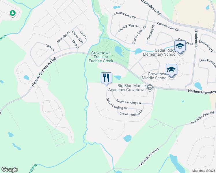 map of restaurants, bars, coffee shops, grocery stores, and more near 3398 Grove Landing Circle in Grovetown