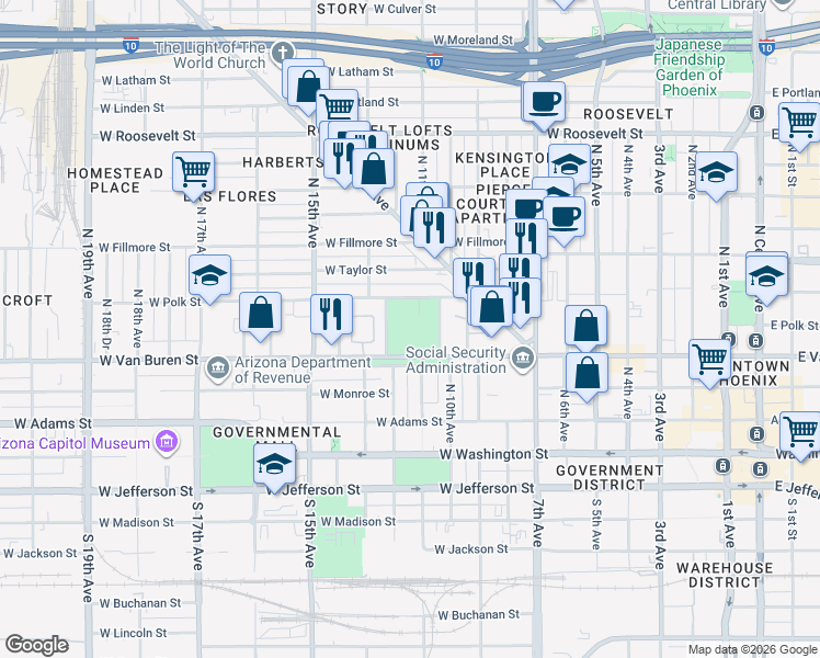 map of restaurants, bars, coffee shops, grocery stores, and more near 1102 West Van Buren Street in Phoenix