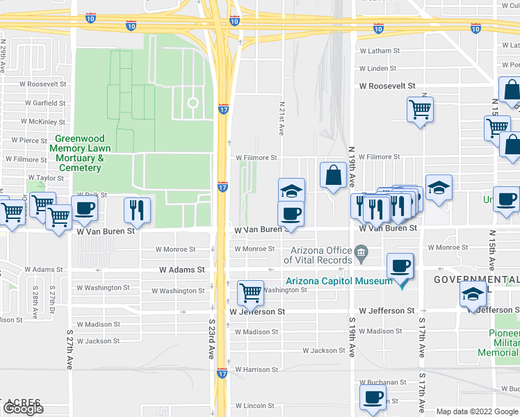 map of restaurants, bars, coffee shops, grocery stores, and more near 2130 West Van Buren Street in Phoenix