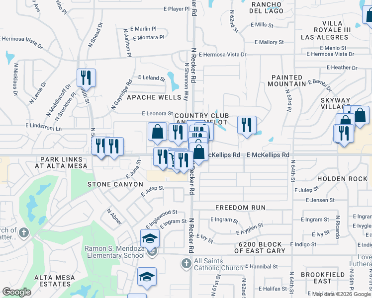 map of restaurants, bars, coffee shops, grocery stores, and more near 2044 North Recker Road in Mesa