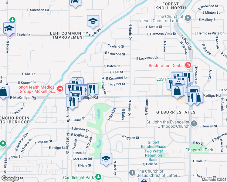 map of restaurants, bars, coffee shops, grocery stores, and more near 1503 East Kramer Street in Mesa