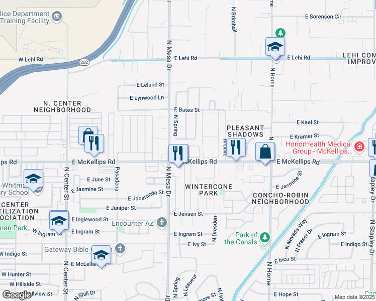 map of restaurants, bars, coffee shops, grocery stores, and more near 457 East Kenwood Street in Mesa
