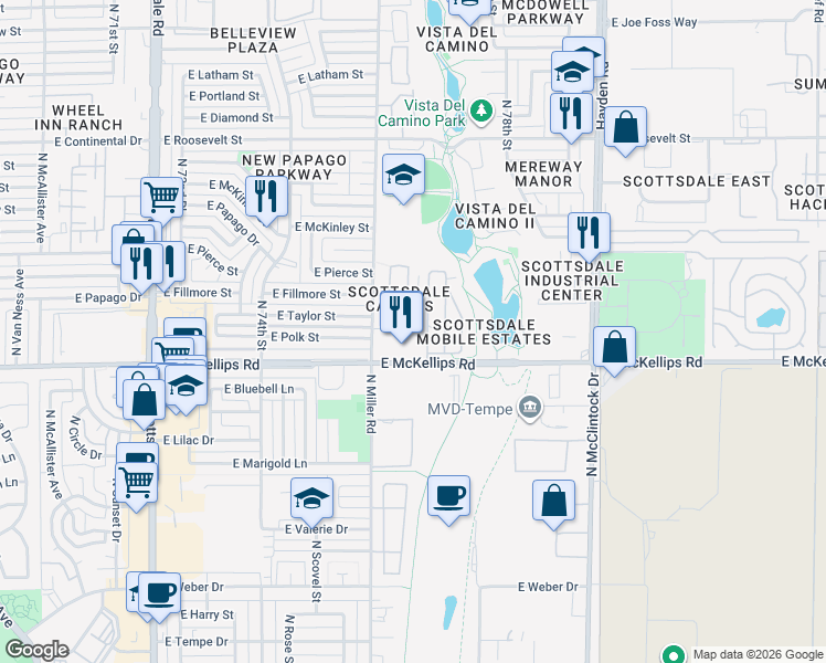 map of restaurants, bars, coffee shops, grocery stores, and more near 525 North Miller Road in Scottsdale