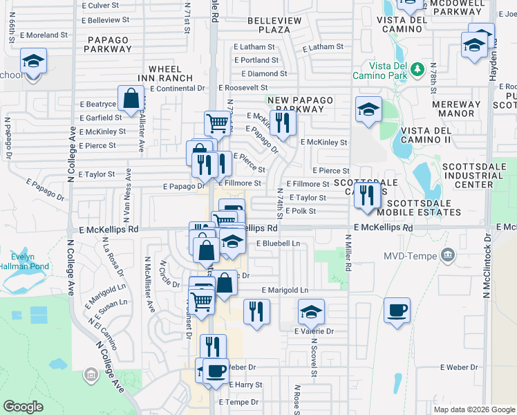 map of restaurants, bars, coffee shops, grocery stores, and more near 414 North 73rd Street in Scottsdale