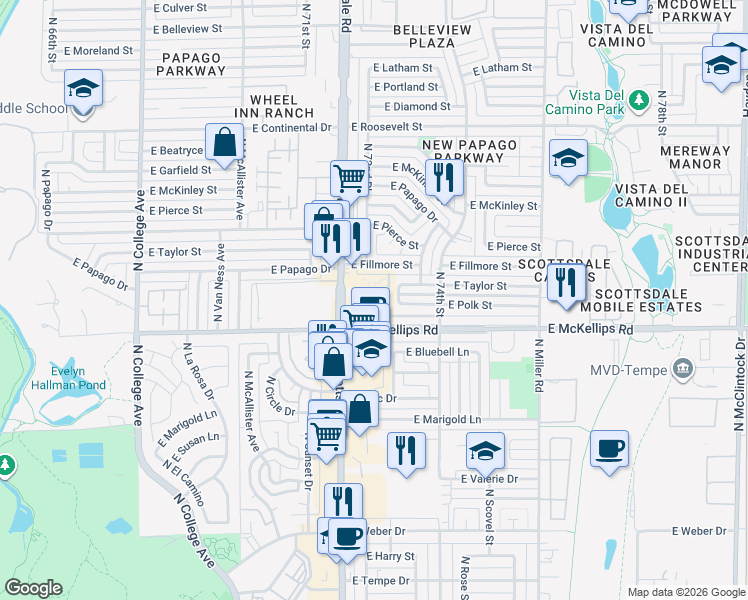 map of restaurants, bars, coffee shops, grocery stores, and more near 7219 East Fillmore Street in Scottsdale