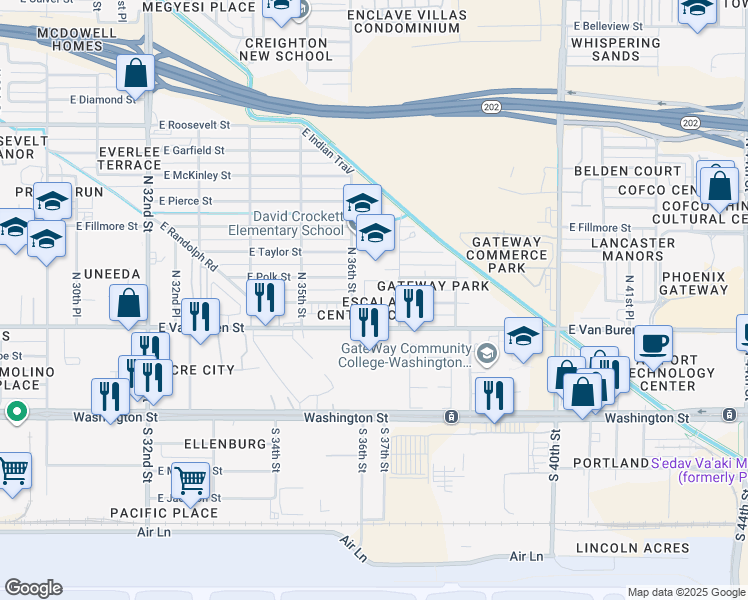 map of restaurants, bars, coffee shops, grocery stores, and more near 3606 East Van Buren Street in Phoenix