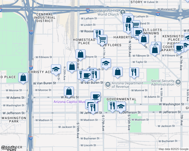 map of restaurants, bars, coffee shops, grocery stores, and more near 339 North 18th Avenue in Phoenix