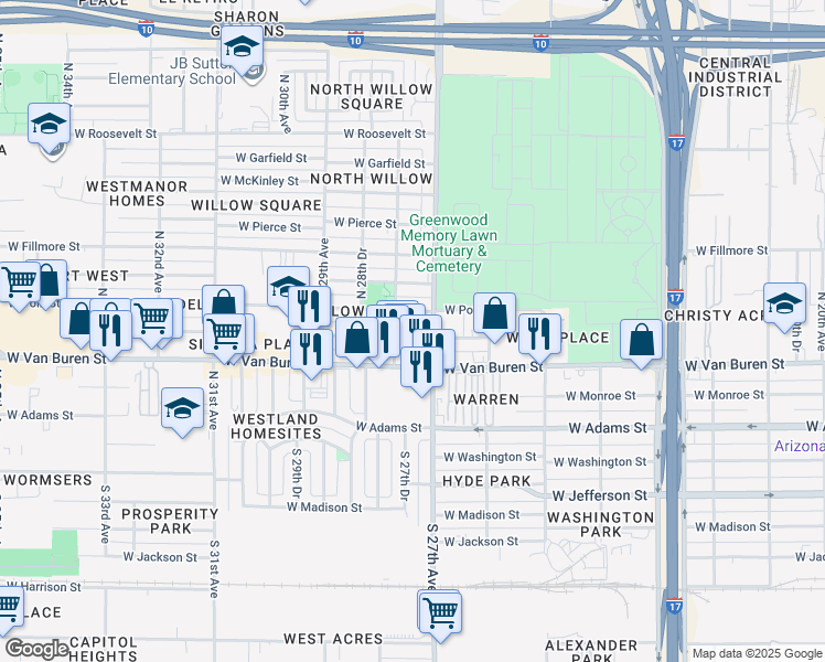 map of restaurants, bars, coffee shops, grocery stores, and more near 2730 West Polk Street in Phoenix