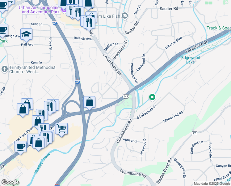 map of restaurants, bars, coffee shops, grocery stores, and more near 1099 Columbiana Road in Homewood