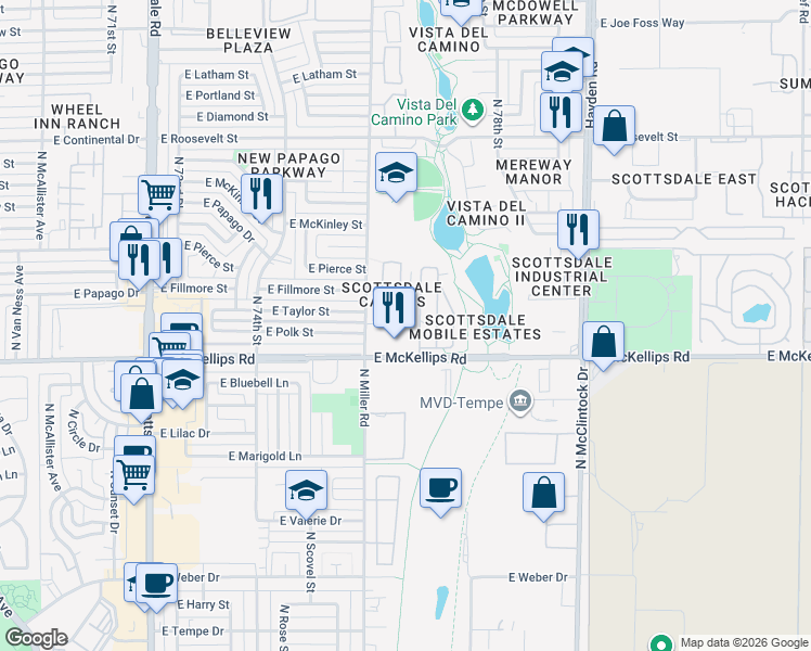 map of restaurants, bars, coffee shops, grocery stores, and more near 525 North Miller Road in Scottsdale