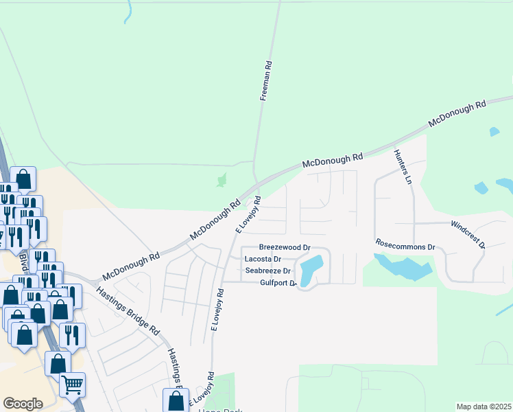 map of restaurants, bars, coffee shops, grocery stores, and more near 11443 East Lovejoy Road in Hampton