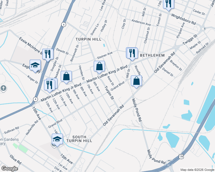 map of restaurants, bars, coffee shops, grocery stores, and more near 1128 Kent Street in Augusta
