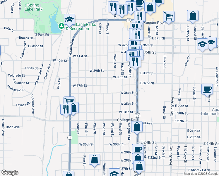 map of restaurants, bars, coffee shops, grocery stores, and more near 3712 Wood Street in Texarkana