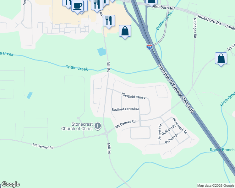 map of restaurants, bars, coffee shops, grocery stores, and more near 656 Hennepin Terrace in McDonough