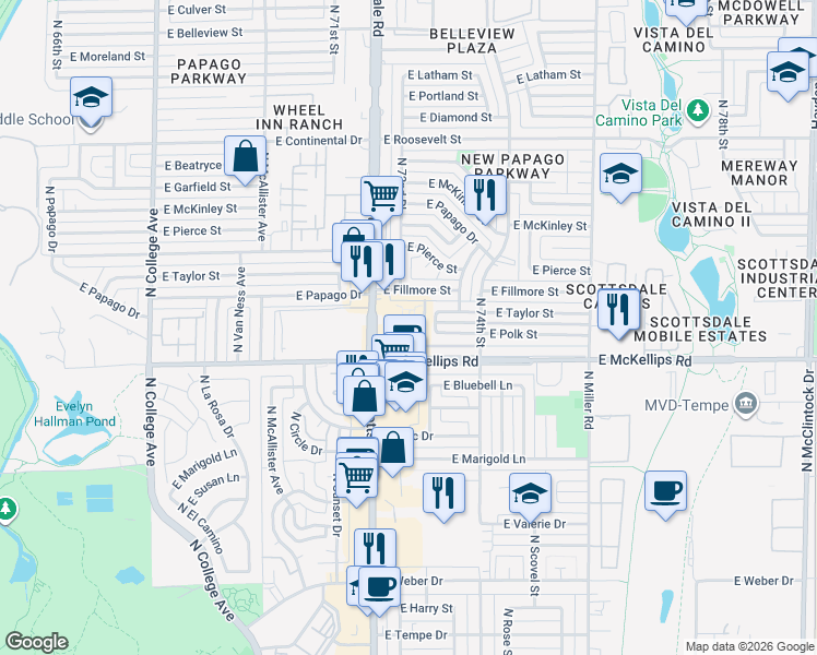 map of restaurants, bars, coffee shops, grocery stores, and more near 7219 East Fillmore Street in Scottsdale