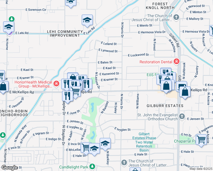 map of restaurants, bars, coffee shops, grocery stores, and more near 1503 East Kramer Street in Mesa