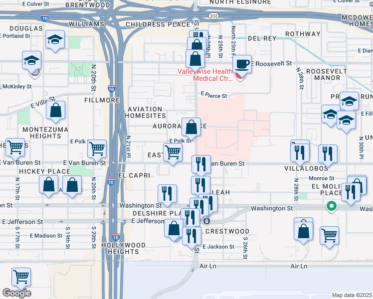 map of restaurants, bars, coffee shops, grocery stores, and more near 2310 East Polk Street in Phoenix