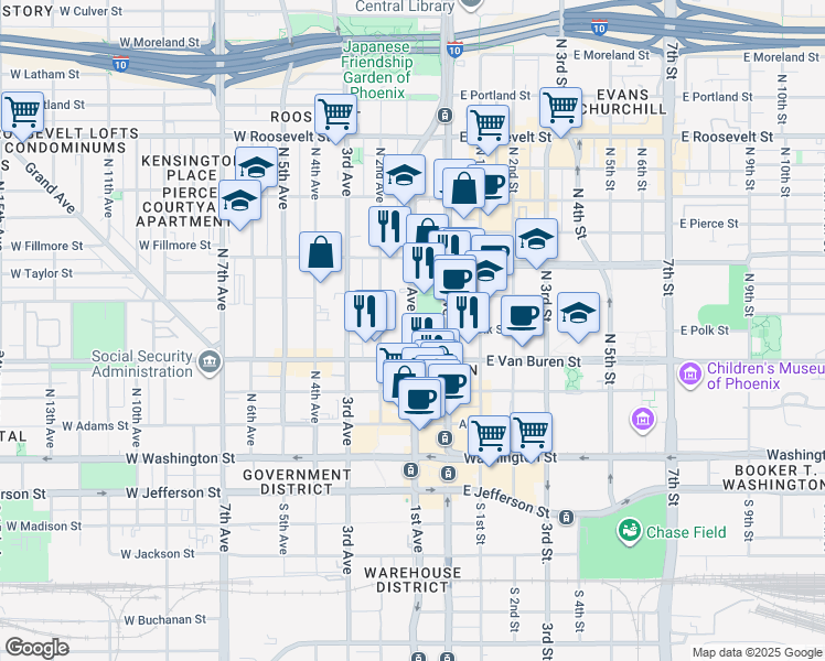 map of restaurants, bars, coffee shops, grocery stores, and more near 330 North 1st Avenue in Phoenix