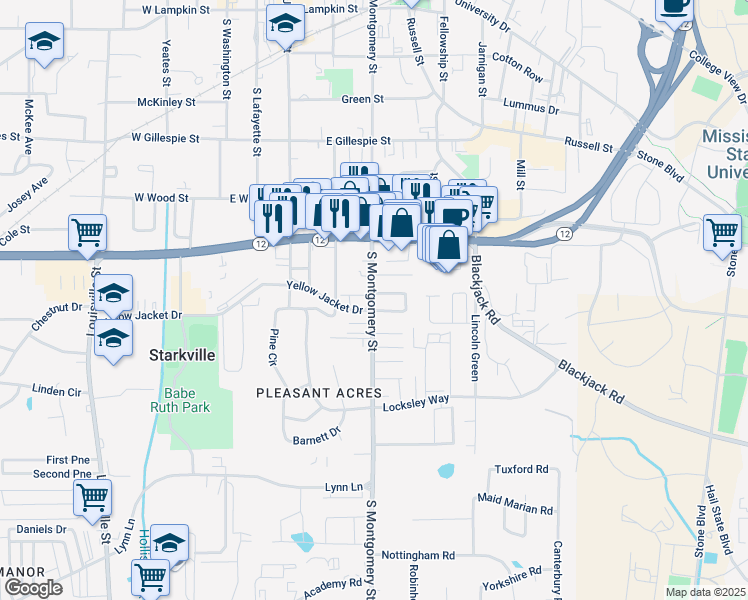 map of restaurants, bars, coffee shops, grocery stores, and more near 623 South Montgomery Street in Starkville
