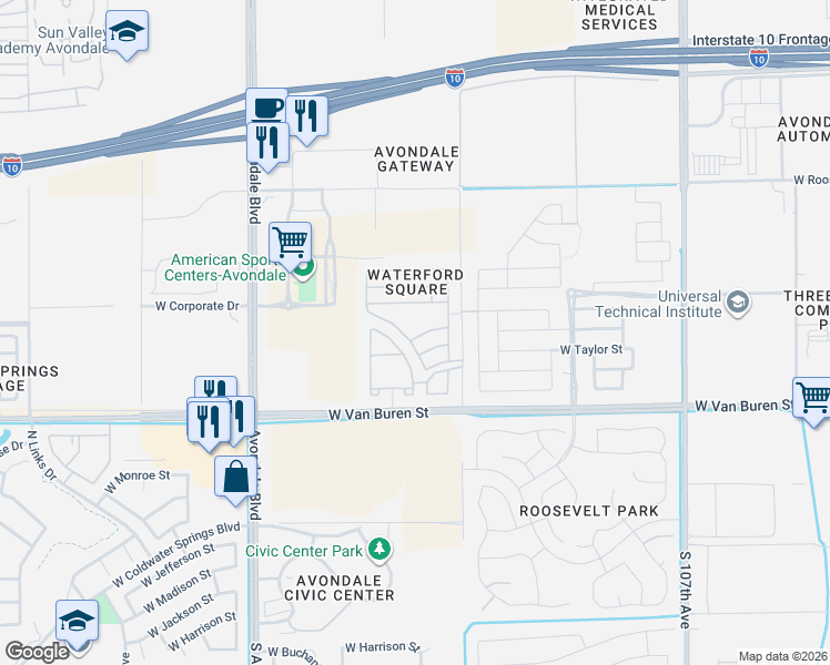 map of restaurants, bars, coffee shops, grocery stores, and more near 11201 West McKinley Street in Avondale