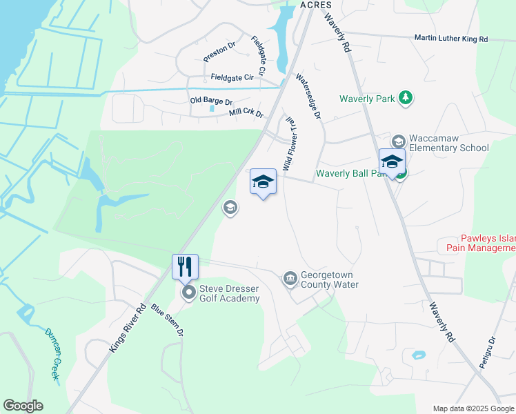 map of restaurants, bars, coffee shops, grocery stores, and more near 2412 Kings River Road in Pawleys Island