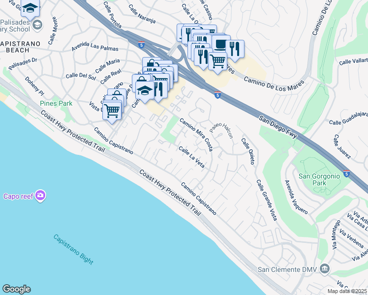 map of restaurants, bars, coffee shops, grocery stores, and more near 3378 Calle La Veta in San Clemente
