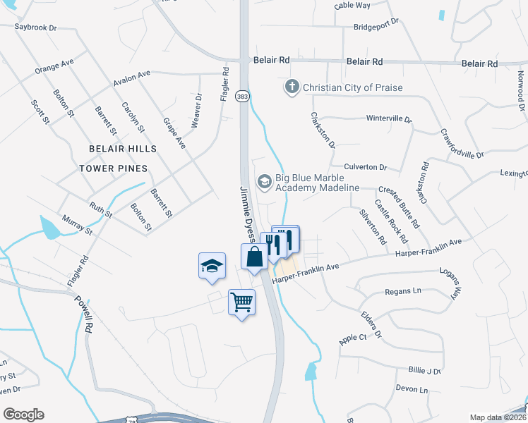 map of restaurants, bars, coffee shops, grocery stores, and more near 4120 Madeline Drive in Augusta