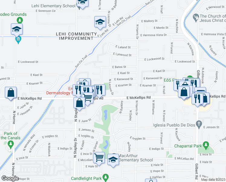 map of restaurants, bars, coffee shops, grocery stores, and more near 2027 North Lazona Drive in Mesa